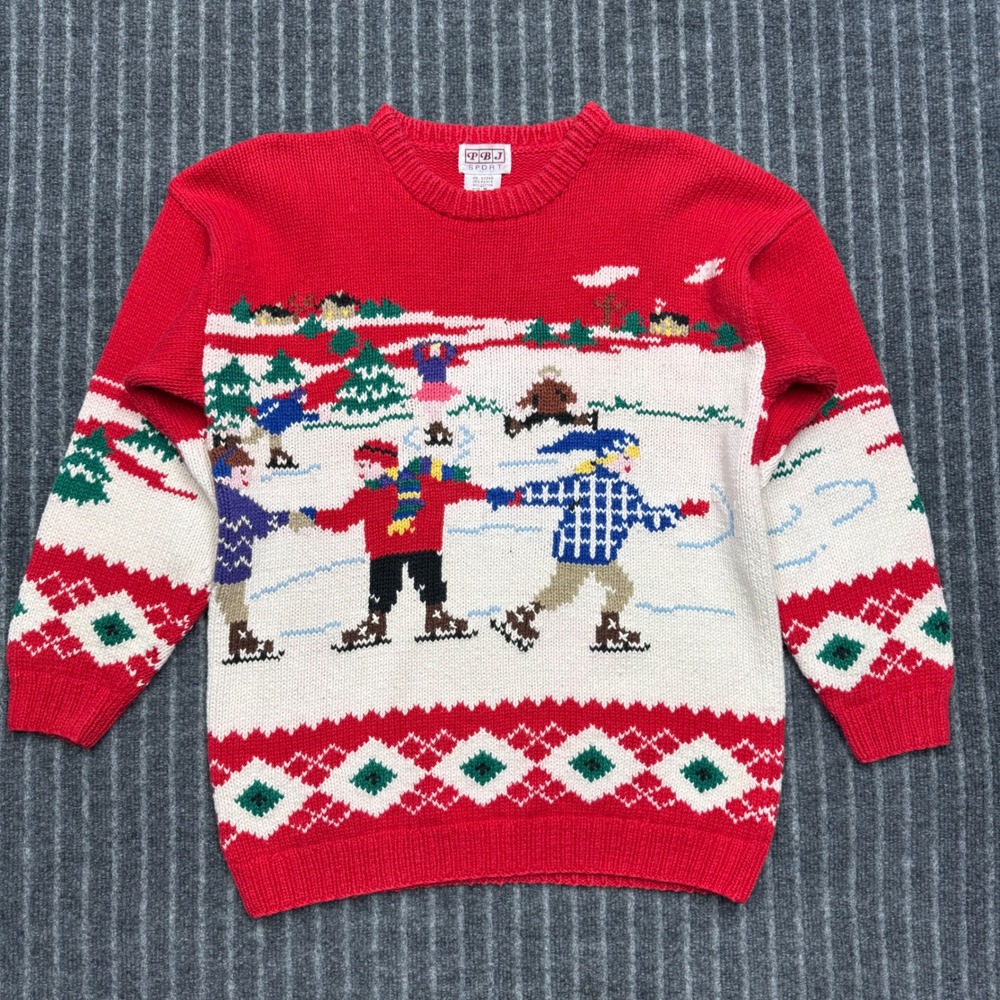 PBJ Sport Womens Vintage Sweater Size M Red Winter Ice Skater Ramie Cotton Knit